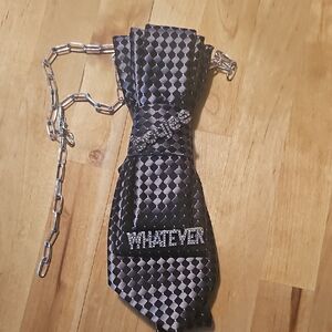 Chic Black Checkered Tie with Silver Chain Accent